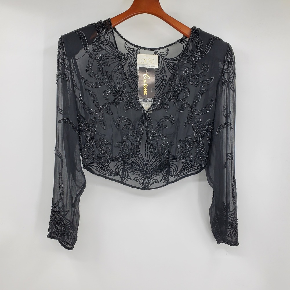 Cache Vintage Black Hand Beaded Silk Bolero Jacket Sheer Cropped Shrug NWT M